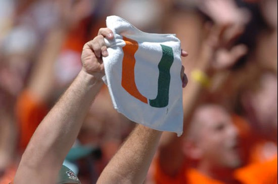 A University of Miami Hurricanes fan shows his team spirit by displaying the â?,?,?oeUâ?,?,??, in a game against the Duke University Blue Devils...