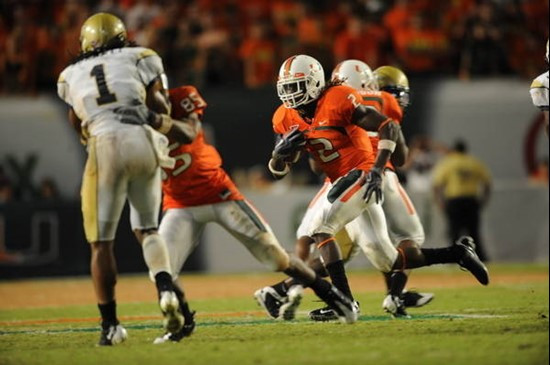 University of Miami Hurricanes running back Graig Cooper #2 plays in a game against the Georgia Tech Yellow Jackets at Land Shark Stadium on September...