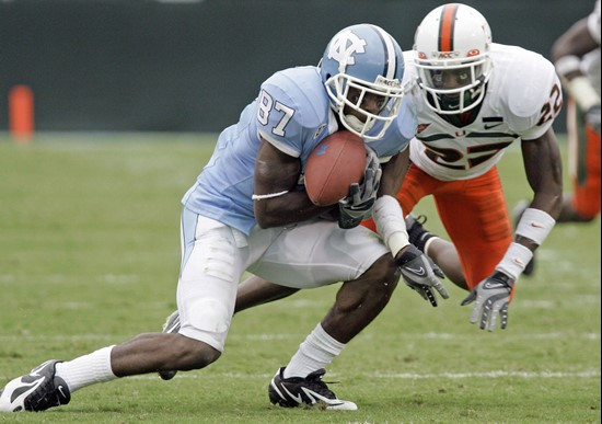 North Carolina's Brandon Tate is defended by Bruce Johnson during the second half. (AP Photo/Gerry Broome)