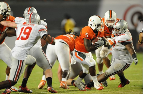 University of Miami Hurricanes running back Mike James #5 carries the ball against the Ohio State Buckeyes at Sun Life Stadium on September 17, 2011....