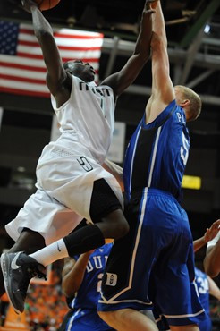 University of Miami Hurricanes guard, Durand Scott, #1, and the Canes play host to the Duke Blue Devils at the BankUnited Center on February 13, 2011....