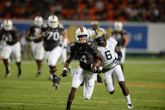 University of Miami Hurricanes wide receiver Phillip Dorsett #4 plays in a game against The Pittsburgh Panthers at Sun Life Stadium on November 29,...