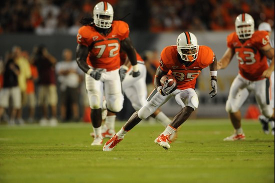 University of Miami Hurricanes wide receiver Leonard Hankerson #85 catches a pass in a game against the FAMURattlers at Sun Life Stadium on October 9,...