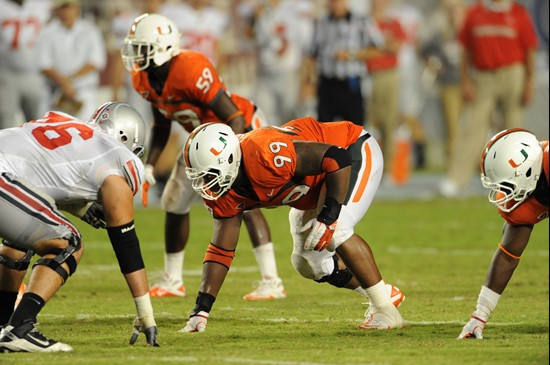 University of Miami Hurricanes defensive lineman Marcus Forston #99 plays in a game against the Ohio State Buckeyes at Sun Life Stadium on September...
