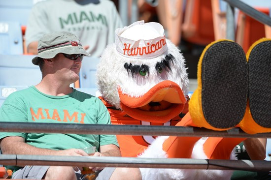 Sebastian the Ibis entertains the University of Miami Hurricane fans during a game against the North Carolina Tar Heels at Sun Life Stadium on...