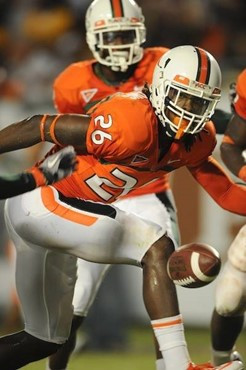 University of Miami Hurricanes defensive back Ray Ray Armstrong #26 scores a defensive touchdown in a game against the FAMU Rattlers at Sun Life...