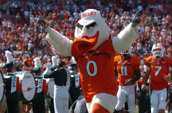 University of Miami mascot Sebastian the Ibis leads the Hurricanes through a tunnel of smoke at the beginning of a game against the North Carolina...