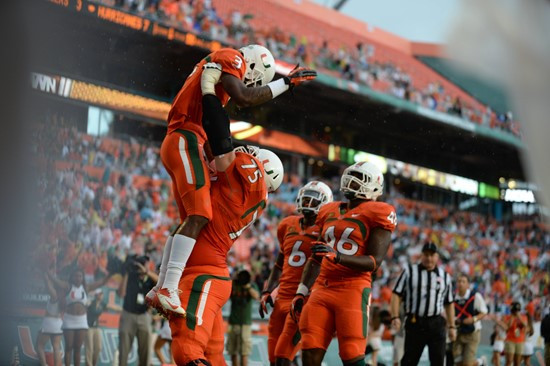 University of Miami Hurricanes wide receiver Stacy Coley #3 plays in a game against the Virginia Cavaliers at Sun Life Stadium on November 23, 2013. ...