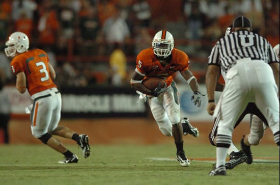 University of Miami running back Javarris James #5 rushes in a game against the Texas A&M Aggies at the Orange Bowl on September 20, 2007. The...