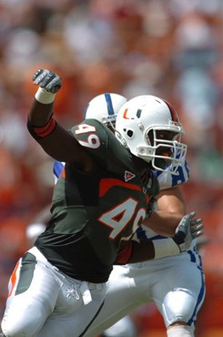 University of Miami defensive end Courtney Harris #49 in a game against the Duke University Blue Devils at the Orange Bowl on September 29, 2007. ...