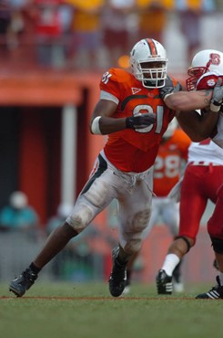 University of Miami defensive end Calais Campbell #81 plays in a game against the North Carolina State Wolfpack at the Orange Bowl on November 3,...