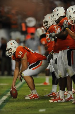 University of Miami Hurricanes offensive lineman Tyler Horn #63 plays in a game against the Florida State Seminoles at Sun Life Stadium on October 9,...
