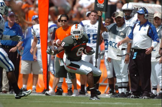 University of Miami wide receiver Darnell Jenkins #8 runs a pass route in a game against the Duke University Blue Devils at the Orange Bowl on...