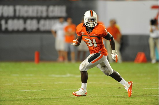 University of Miami Hurricanes linebacker Sean Spence #31 plays in a game against the Ohio State Buckeyes at Sun Life Stadium on September 17, 2011. ...