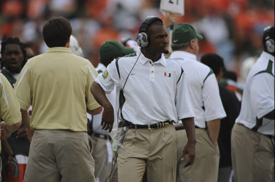 University of Miami Hurricanes head coach Randy Shannon leads his team from the sidelines in a game against the Deamon Deacons of Wake Forest at...