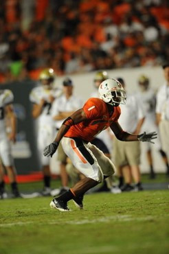 University of Miami Hurricanes defensive back Brandon Harris #1 plays in a game against Georgia Tech Yellow Jackets at Land Shark Stadium on September...