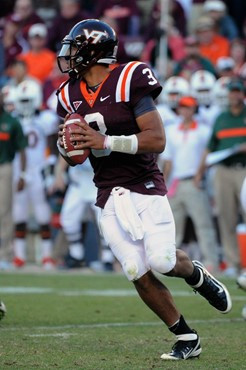 Virginia Tech quarterback Logan Thomas looks to pass against Miami during the second half of an NCAA college football game Saturday, Oct. 8, 2011, in...