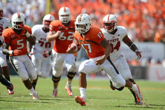 University of Miami Hurricanes quarterback Stephen Morris #17 set an ACC-record and school record with 566 yards and five touchdowns to defeat the...