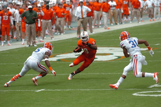 Duke Johnson #8 and the University of Miami Hurricanes play host to the Savannah State Tigers at Sun Life Stadium on September 21, 2013. Photo by...