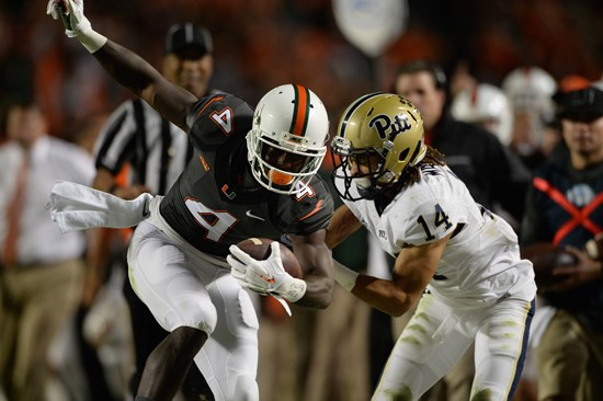 University of Miami Hurricanes wide receiver Phillip Dorsett #4 plays in a game against The Pittsburgh Panthers at Sun Life Stadium on November 29,...