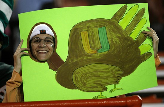 Sara Fritel holds-up a drawing of a turkey before Miami's college football game against Boston College, Thursday, Nov. 23, 2006, at the Orange Bowl in...