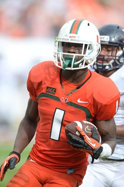 University of Miami Hurricanes wide receiver Allen Hums #1 catches a ball in a game against the Virginia Cavaliers at Sun Life Stadium on November 23,...