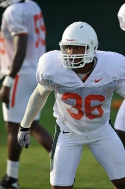 University of Miami Hurricanes players Kylan Robinson #36 at Greentree practice fields training for the upcoming 2010 season. The practice was open...