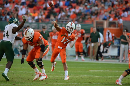 University of Miami Hurricanes quarterback Stephen Morris #17 and the Canes will play in a game against the University of South Florida Bulls at Sun...