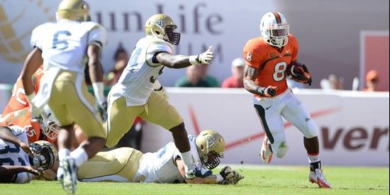 University of Miami Hurricanes running back Duke Johnson #8 plays in a game against the Georgia Tech Yellow Jackets at Sun Life Stadium on October 5,...