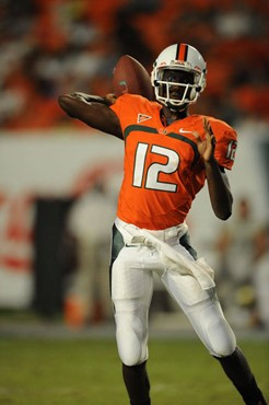 University of Miami Hurricanes quarterback Jacory Harris #12 in his debut completed 16 passes on 26 attempts for 190 yards against Charleston Southern...