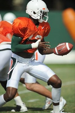 University of Miami Hurricanes quarterback Jacory Harris #12 at Greentree Practice Field on August 13 in afternoon drills to prepare for the upcoming...