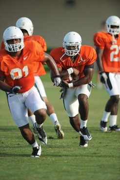 University of Miami Hurricanes players at Cobb Stadium training for the upcoming 2010 season. The practice was open for Season ticket holders and...