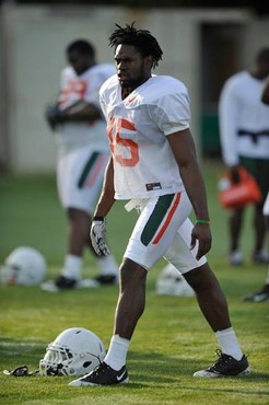 University of Miami Hurricanes players Ramon Buchanan #45 at Greentree practice fields training for the upcoming 2010 season. The practice was open...