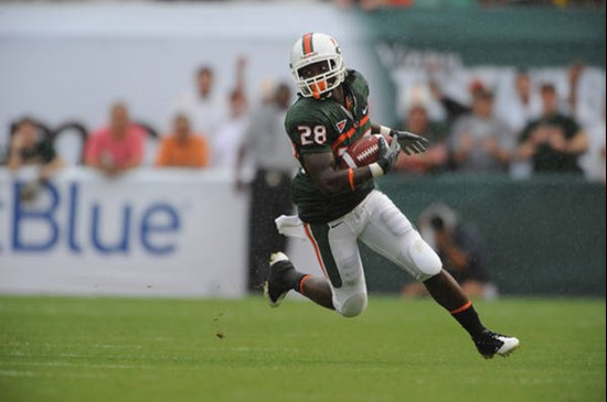 University of Miami Hurricanes wide receiver Thearon Collier #28 caught 2 passes for 31 yards in a game against the Deamon Deacons of Wake Forest at...