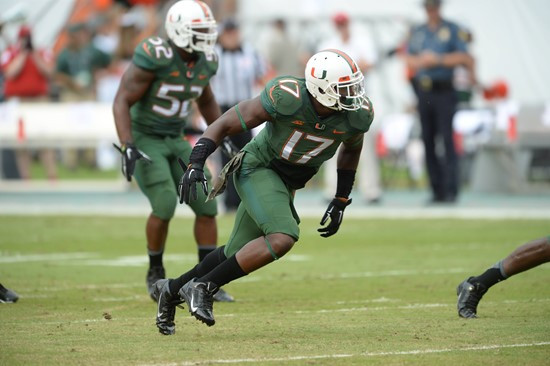 University of Miami Hurricanes linebacker Tyriq McCord #17 plays in a game against the Arkansas State Red Wolves at Sun Life Stadium on September13,...