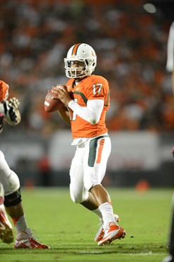 University of Miami Hurricanes quarterback Stephen Morris #17 plays in a game against the Florida State Seminoles at Sun Life Stadium on October 20,...