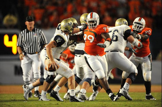 University of Miami Hurricanes defensive tackle Marcus Forston #99 had 2 solo tackles in his a game against Charleston Southern University in the...