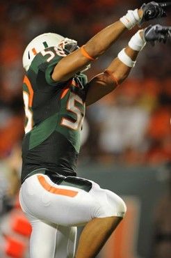 University of Miami Hurricanes linebacker Jordan Futch #58 plays in a game against the Florida A&M Rattlers at Land Shark Stadium on October 10, 2009....