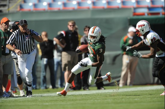 University of Miami Hurricanes wide receiver Travis Benjamin #3 plays in a game against the Maryland Terrapins at Sun Life Stadium on November 6,...