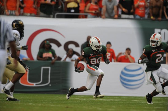 University of Miami Hurricanes wide receiver Travis Benjamin #80 caught 4 passes for 72 yards in a game against the Deamon Deacons of Wake Forest at...