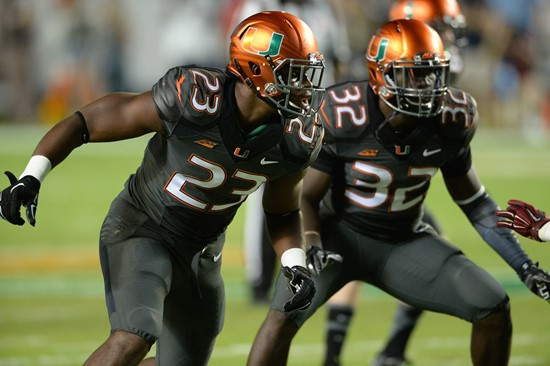 University of Miami Hurricanes linebacker Terry McCray #23 plays in a game against the Florida State Seminoles at Sun Life Stadium on November 15,...