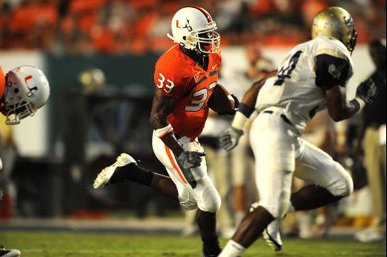 University of Miami Hurricanes running back Shawnbrey McNeal #33 rushed 5 times for 45 yards and scored 1 touchdown in a game against Charleston...
