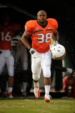 University of Miami Hurricanes running back David Thompson #38 plays in a game against the Boston College Eagles at Sun Life Stadium on November 25,...