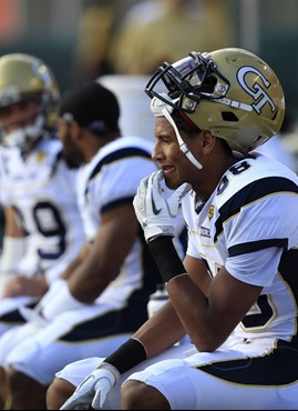 Georgia Tech wide receiver Darren Waller sits on the bench during first half against Miami. (AP Photo/Wilfredo Lee)
