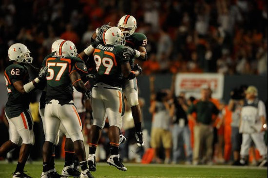 University of Miami players celebrate a great play in a game against the Virginia Tech Hokies at Dolphin Stadium on November 13, 2008.  Photo by...