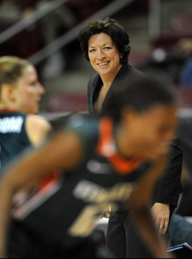 Miami's head coach Katie Meier watches her team play against Boston College. (AP Photo/Gretchen Ertl)