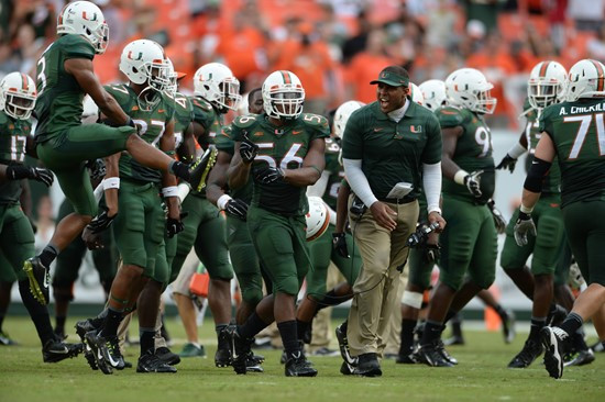 University of Miami Hurricanes linebacker Raphael Kirby #56 plays in a game against the Arkansas State Red Wolves at Sun Life Stadium on September13,...