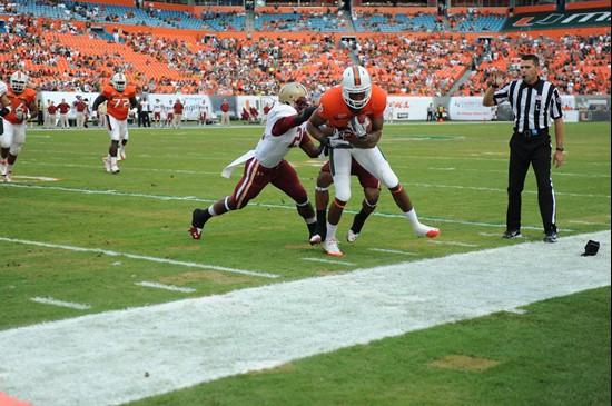 University of Miami Hurricanes wide receiver Tommy Streeter #8 catches a pass in a game against the Boston College Eagles at Sun Life Stadium on...