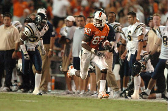 University of Miami Hurricanes wide receiver Sam Shields #83 caught 6 passes for 88 yards against the Florida International University Golden Panthers...