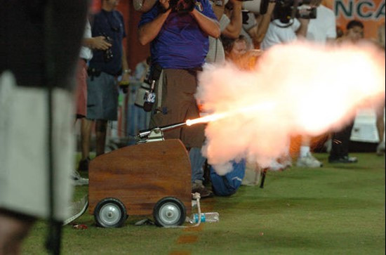 University of Miami Hurricanes shoot a cannon after scoring against the Florida International University Golden Panthers at the Orange Bowl on October...